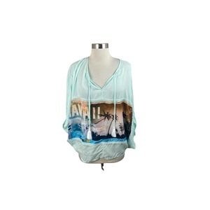 Letarte Light Blue Hawaii Tassle Lightweight Short Sleeve Coverup Size Small